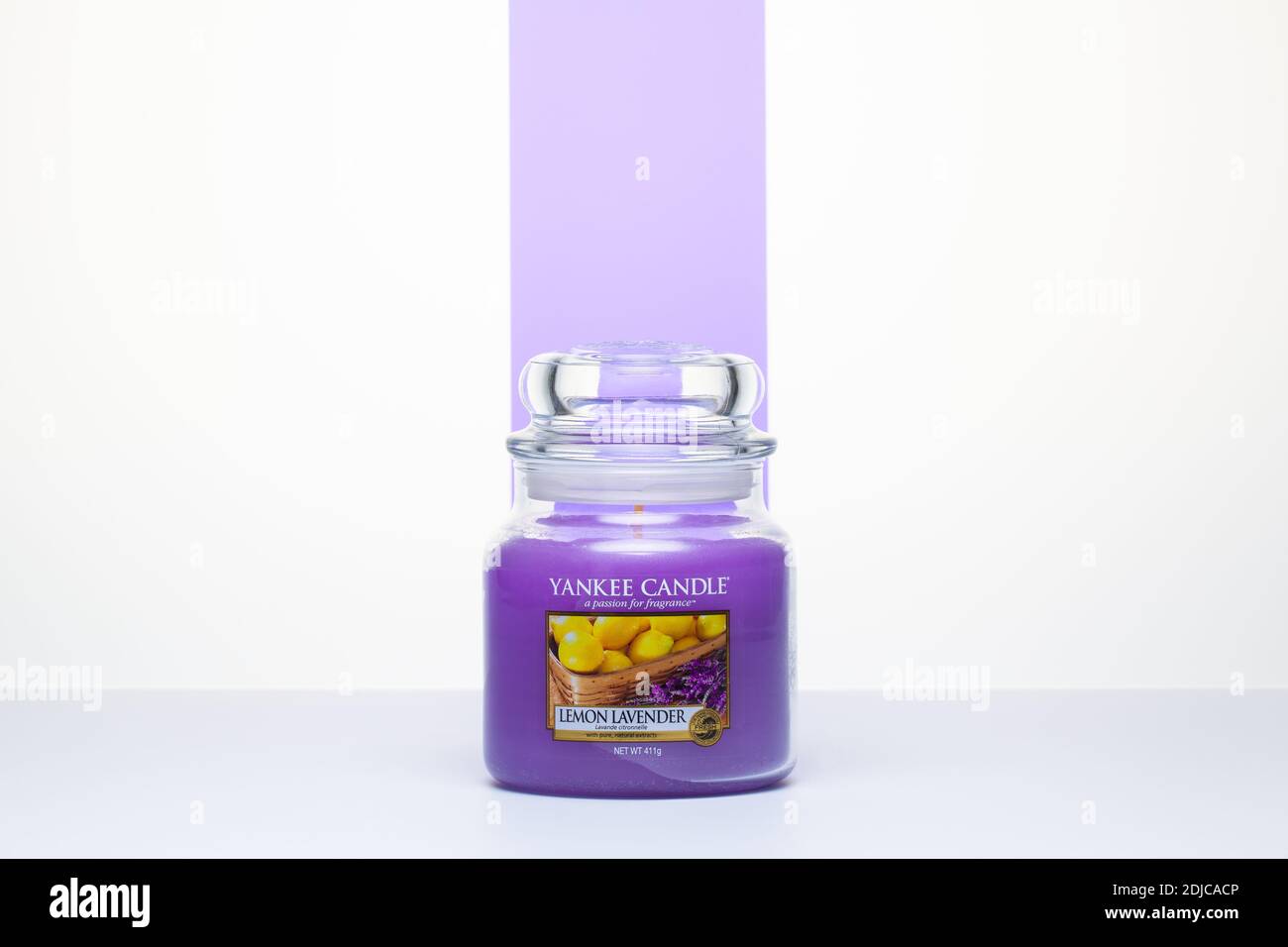Prague,Czech Republic - 9 December,2020: Lemon lavender Yankee Candle on the white table. Yankee Candle, Americas best loved candle Stock Photo