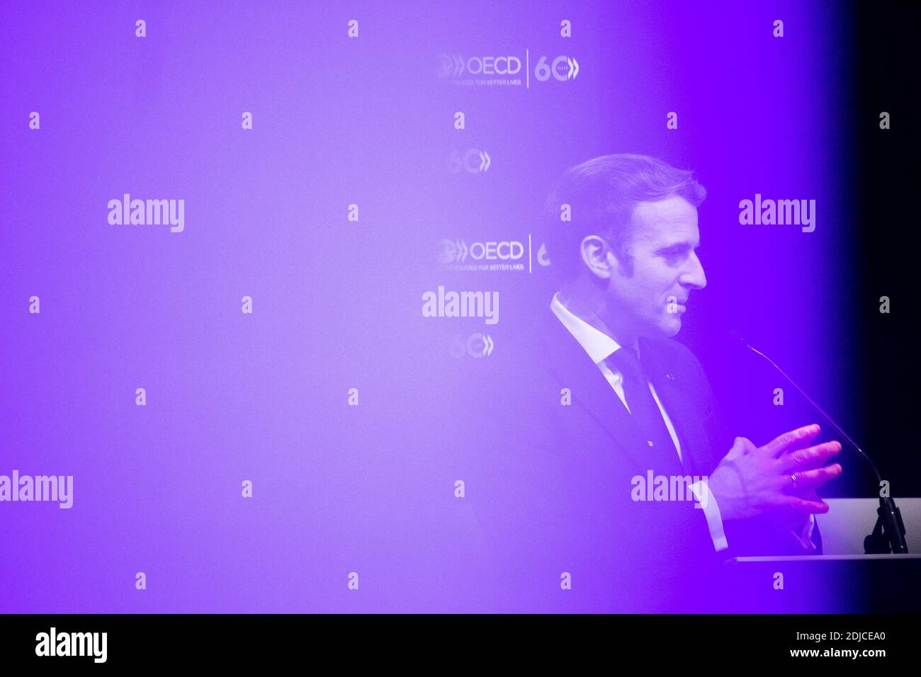Emmanuel Macron, French President during the celebration of the 60th anniversary of OECD Convention signing in Paris, France, on December 14, 2020. Photo by Romain Gaillard/Pool/ABACAPRESS.COM Stock Photo