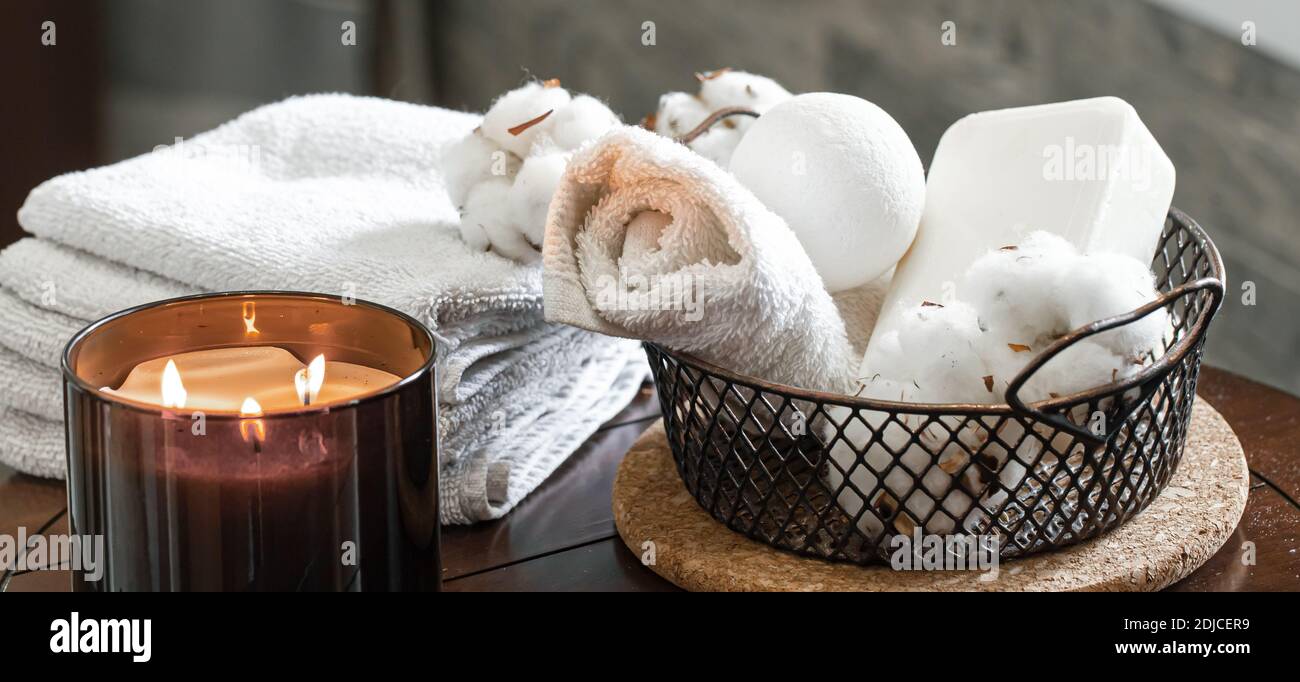 https://c8.alamy.com/comp/2DJCER9/cozy-spa-composition-of-aroma-of-candles-and-bath-towels-soap-body-care-and-hygiene-concept-2DJCER9.jpg
