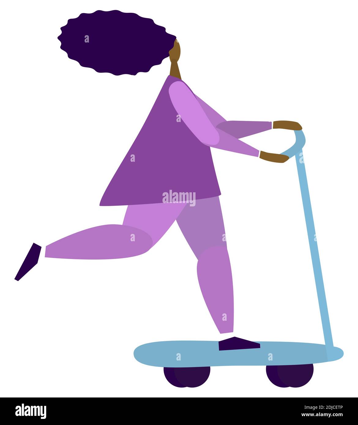 Young woman riding a kick scooter. Flat style. Isolated vector illustration on white background. Stock Vector