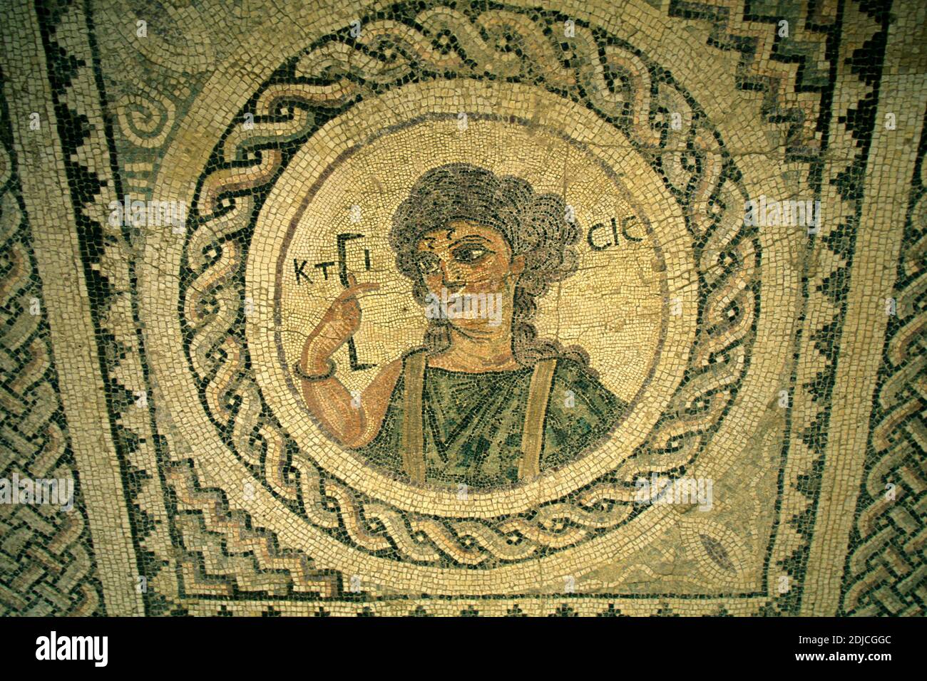 the Mosaic of Villa Eustolis at the Roman Ruins of Kourion near the Town of Episkopi in the south of Cyprus.  Cyprus, Kourion, November, 2001 Stock Photo