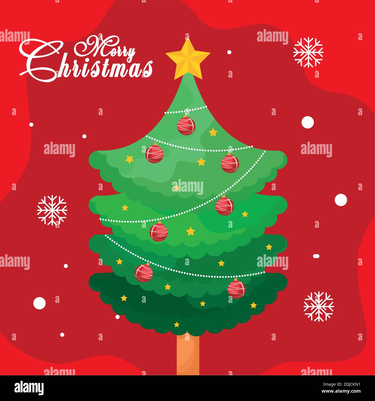 happy merry christmas pine tree with balls and star in red background ...