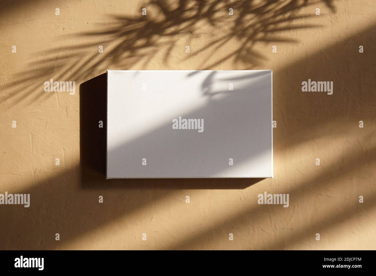 White cotton canvas. Blank canvas hanging on wall with sunlight and shadow of leaves. Mockup