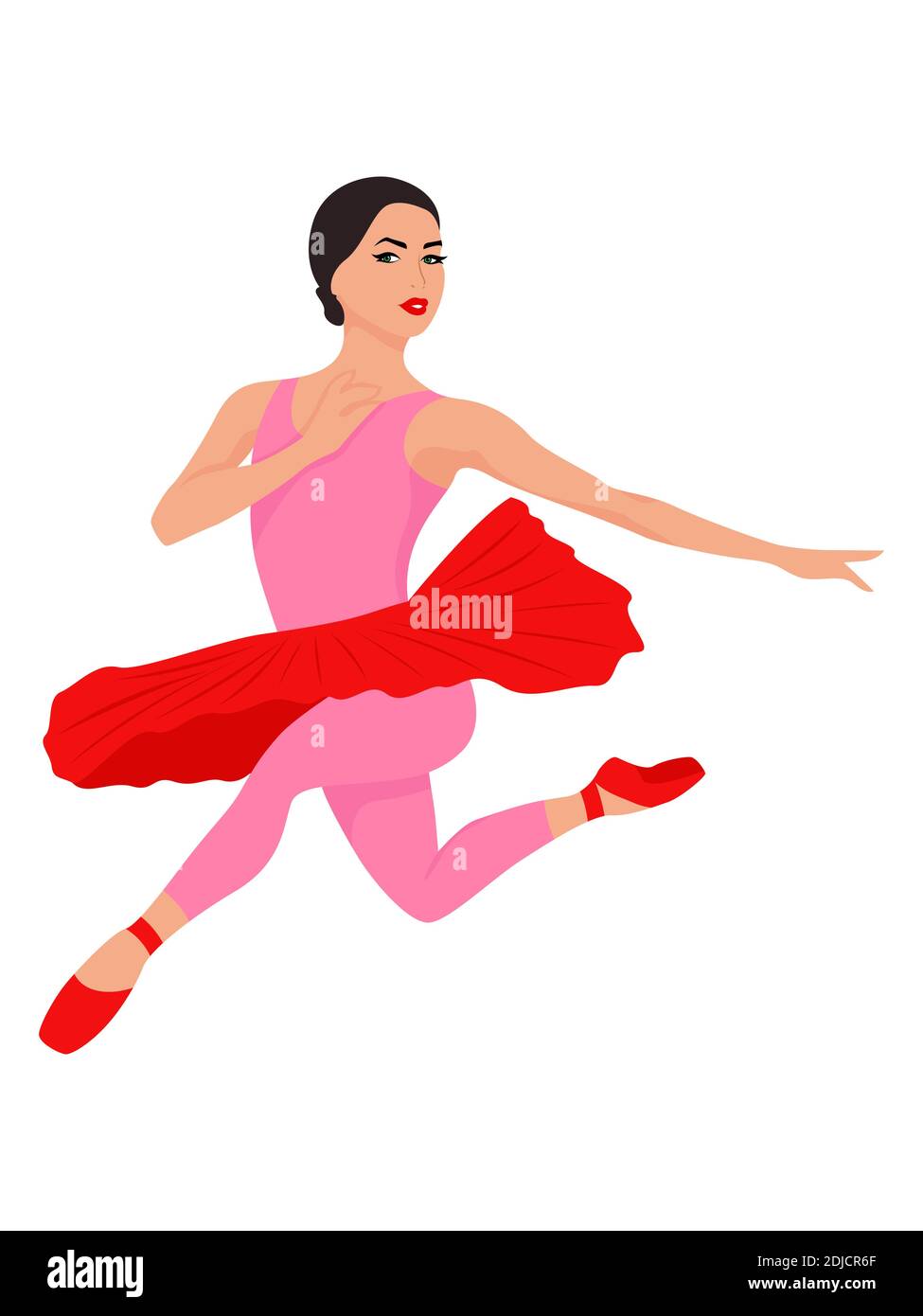 Elegant ballerina in red and pink tutu dress in jump, hand drawing vector, isolated on the white