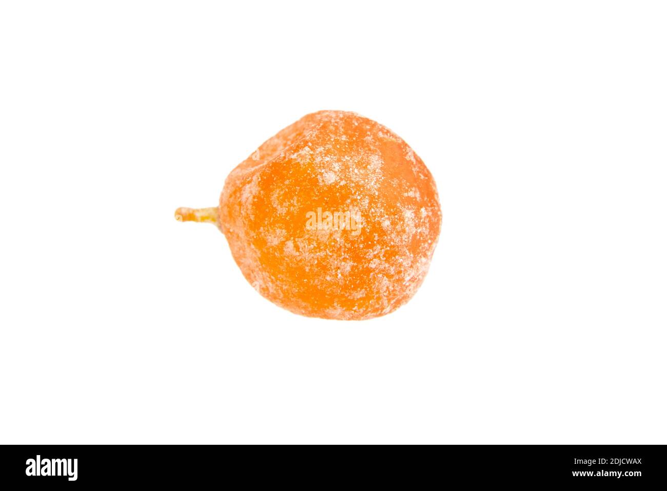Candied kumquats, single dried fruit isolated on white background. Sugar coated kumquat Stock