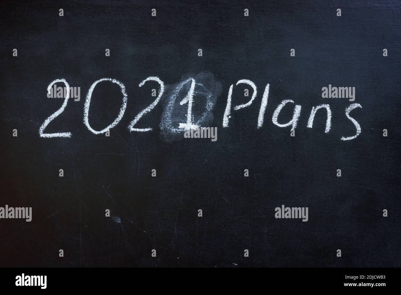 2020 plans erased inscription and written 2021 plans on the blackboard. Stock Photo