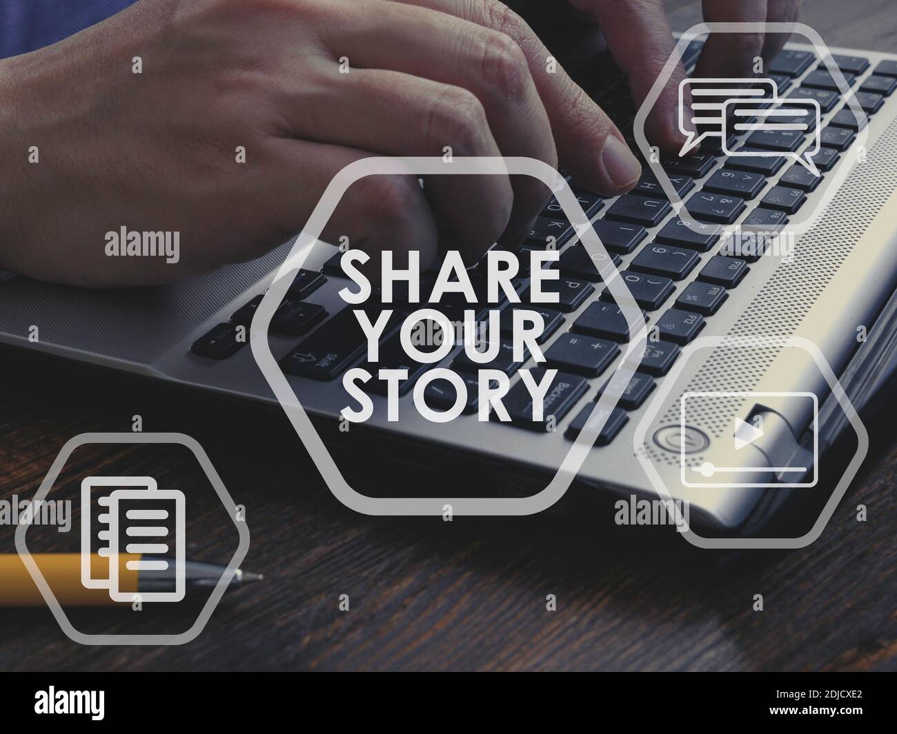 Share your story concept. Man typing on the keyboard. Stock Photo