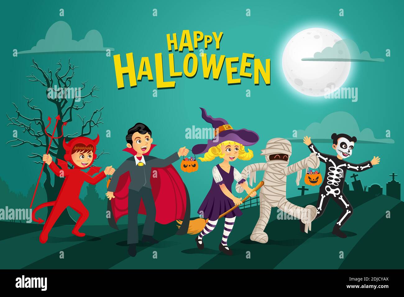 Happy halloween background. kids dressed in halloween costume to go ...