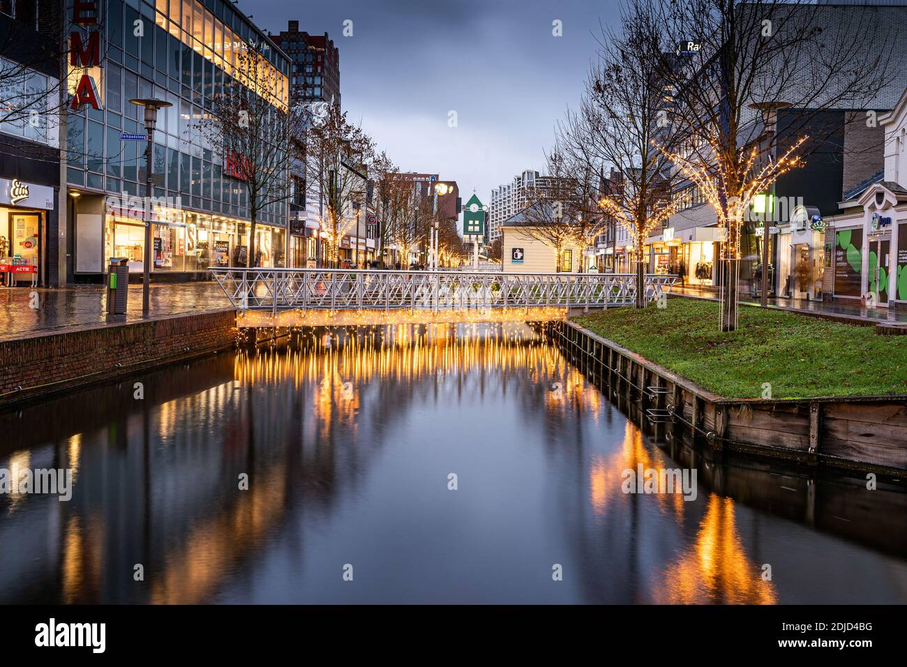 Zaandam City Centre featuring the Canal taken at dusk Stock Photo