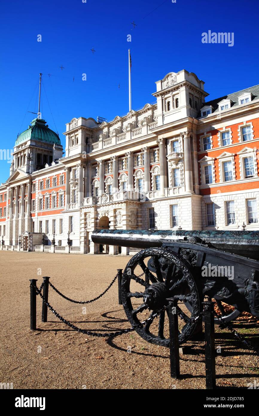 Old Admiralty building with a Turk canon in Whitehall on Horse Guards  Parade London England UK erected in the late 19th century as an extension build Stock Photo