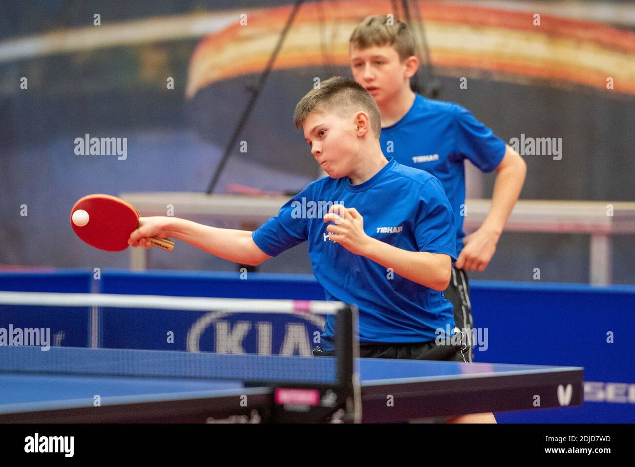 Julian RZIHAUSCHEK (hi., AUT) and Petr HODIN (CZE) are at the age of twelve the youngest players who have ever been nominated for the Champiuonsleague, warm-up, action, preliminary round, table tennis, 1. FC Saarbruecken TT (GER) - SPG Walter Wels (AUT), Table Tennis Champions League Men 20/21 in Duesseldorf on December 11th, 2020. Â | usage worldwide Stock Photo