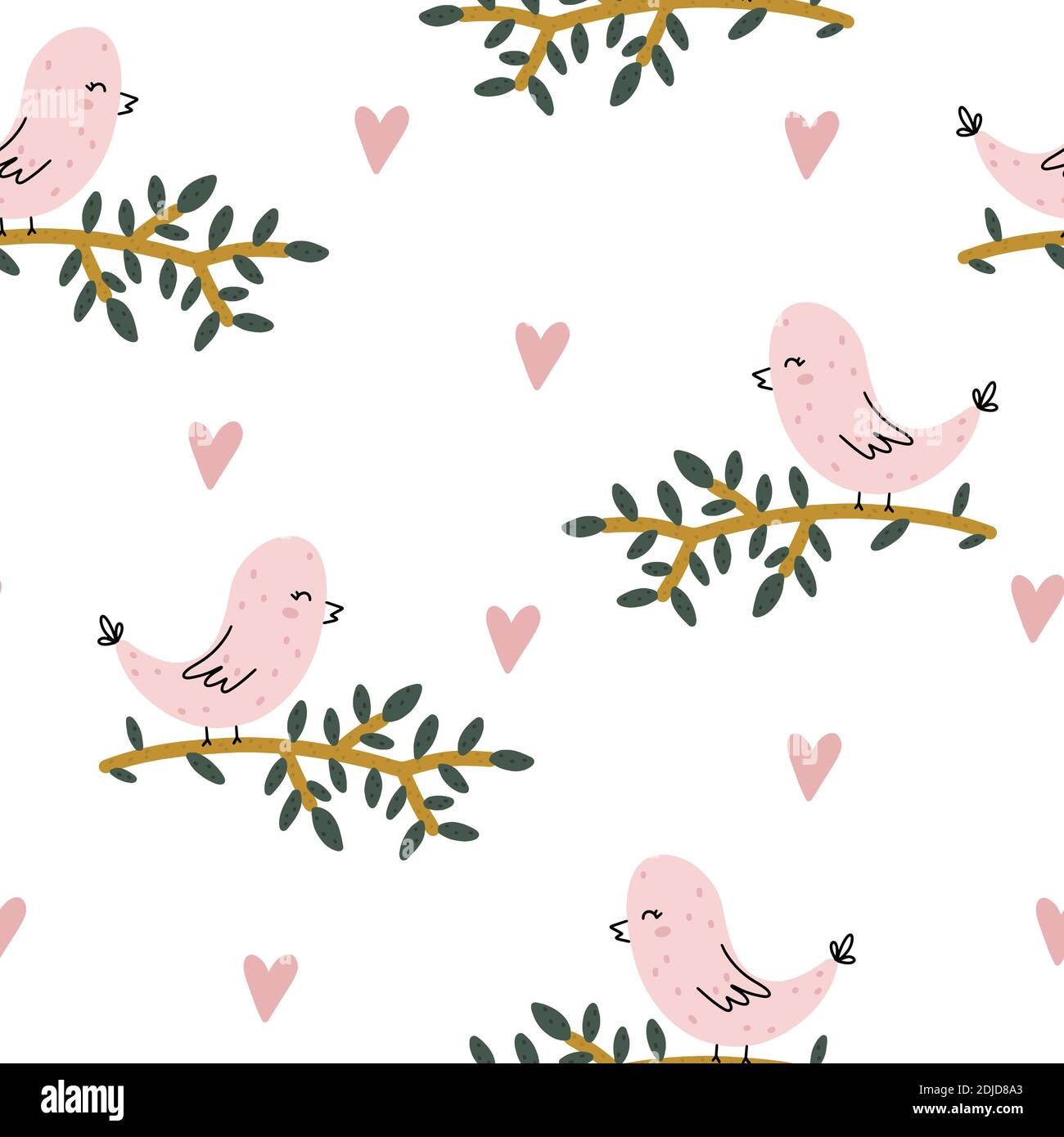 Seamless pattern with childish hand drawn bird and a branch in Scandinavian style with heart shapes around isolated on white background. Stock Vector