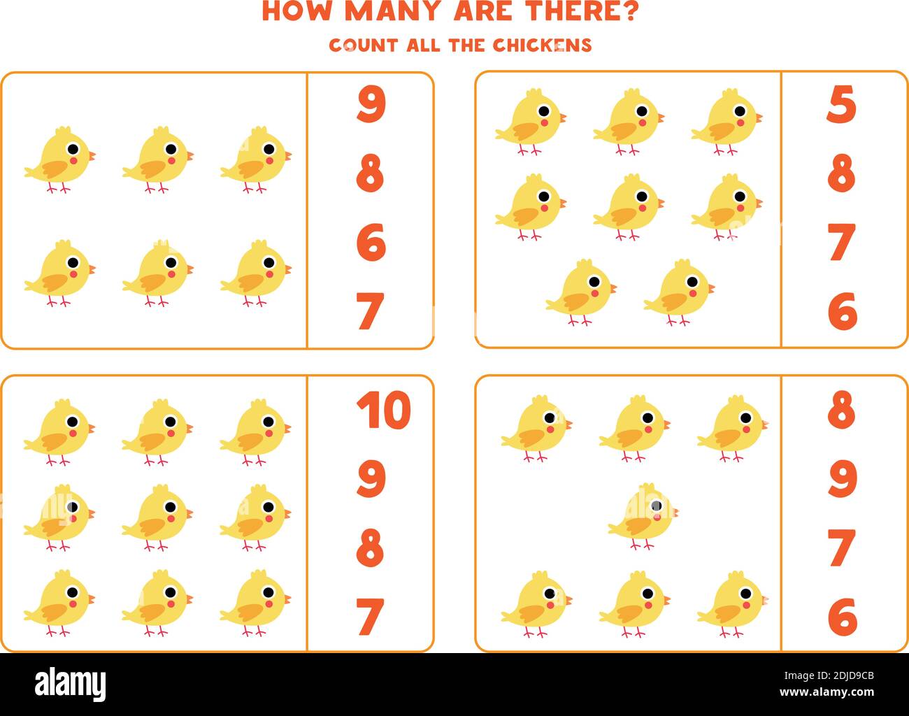 Count all chickens and match with correct answer. Educational math game for kids. Stock Vector