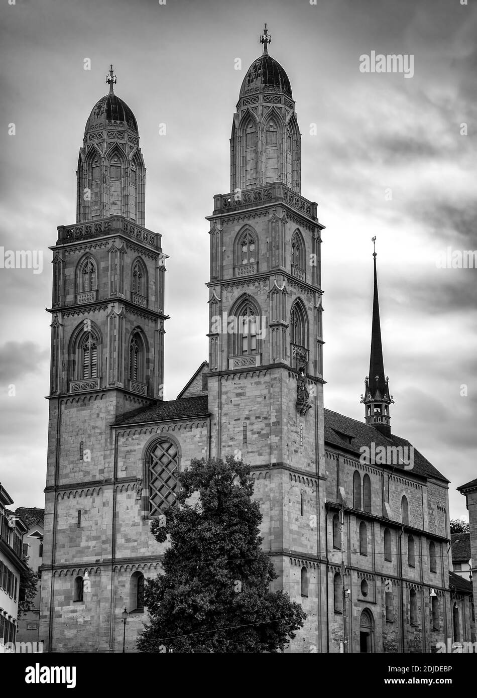Double steepled church in village of Lucerne, Switzerland, in Monochrome Stock Photo