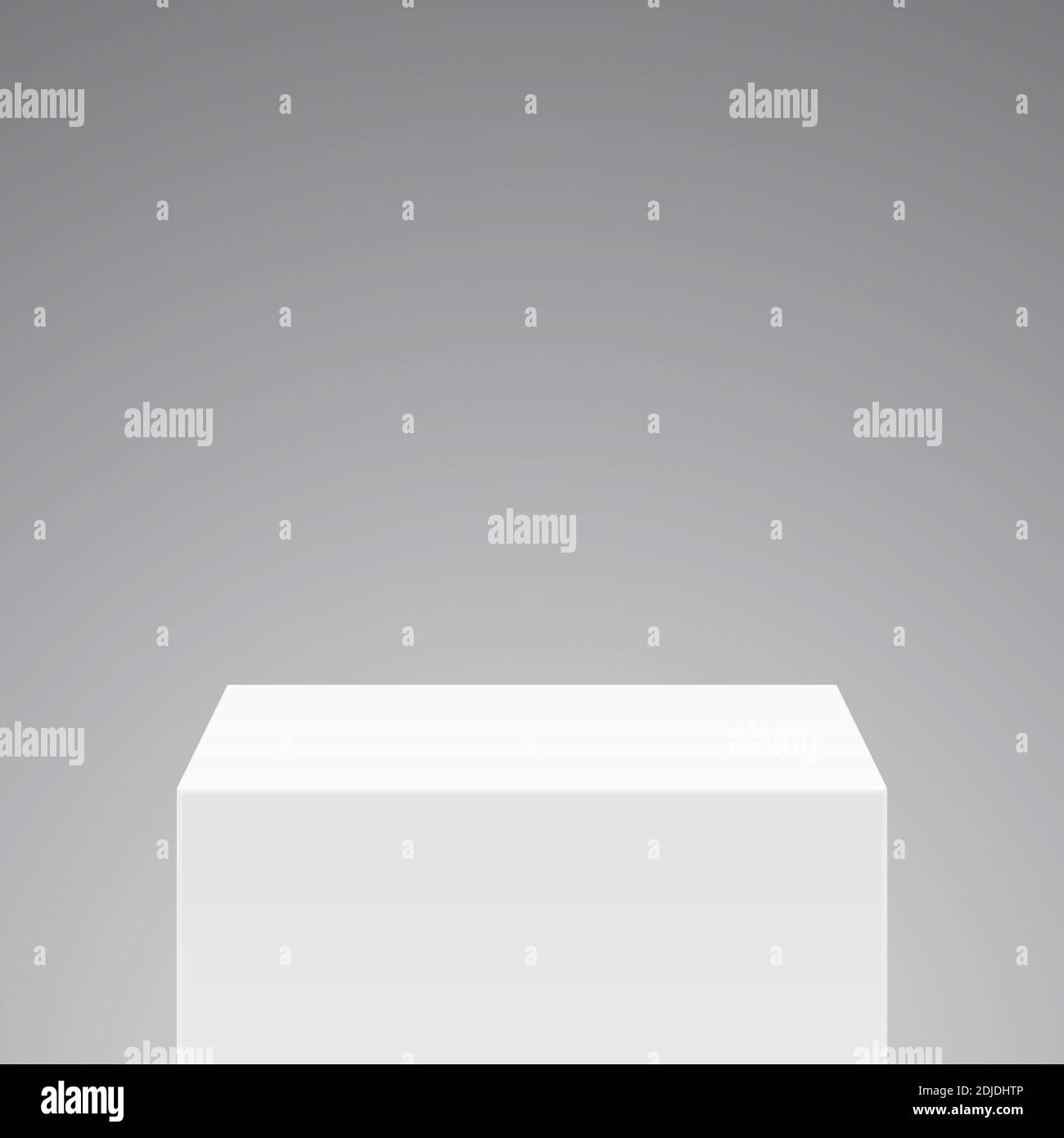 White cube shape pedestal, standing on the grey background. Realistic vector stand, in front isometric view, with blank space for a product, or object placement. Stock Vector