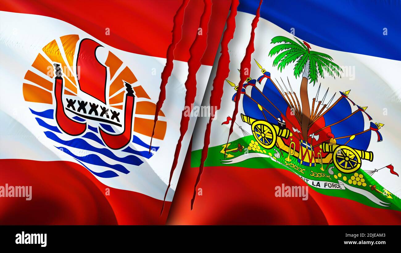 French Polynesia and Haiti flags with scar concept. Waving flag,3D ...