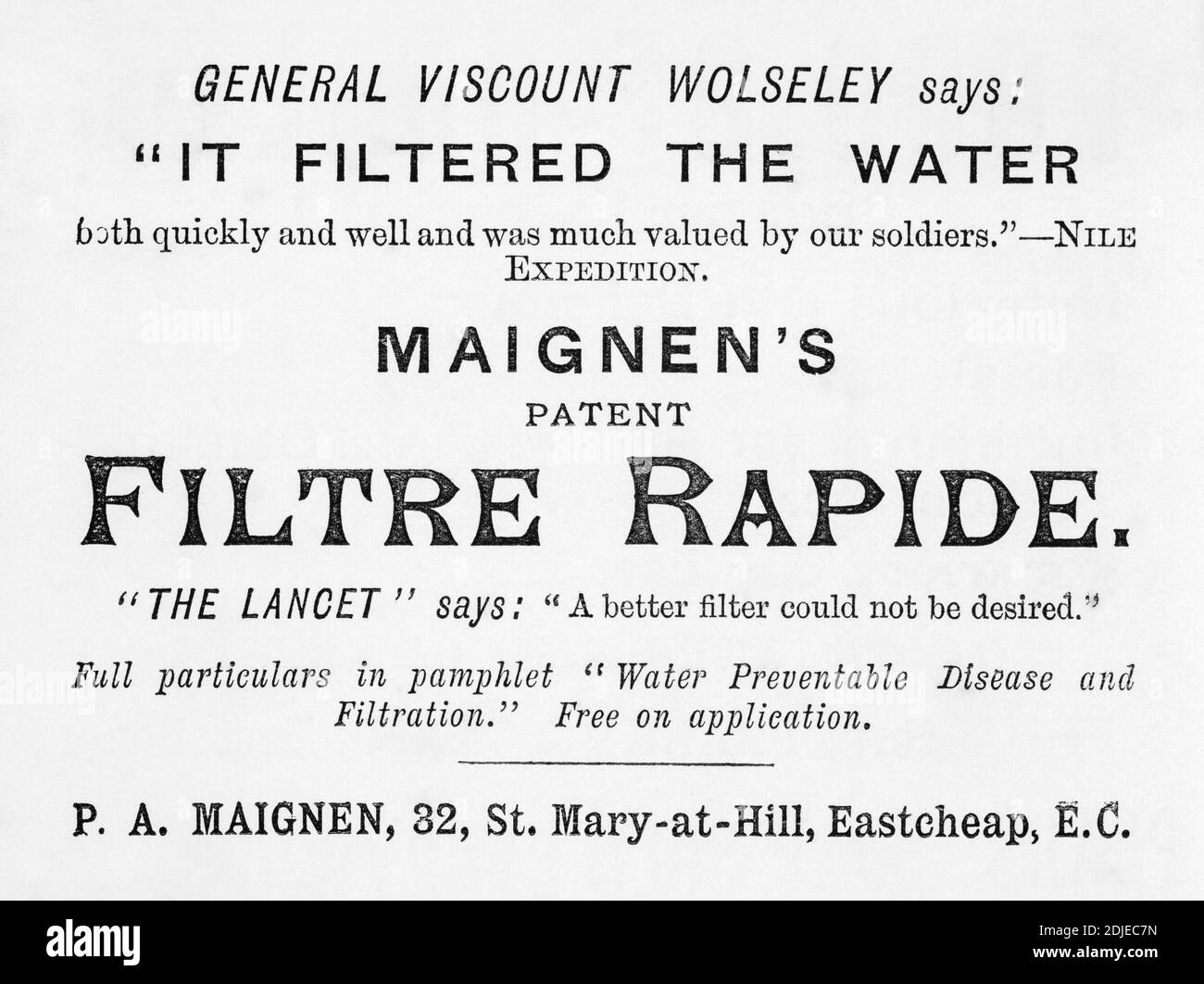 1886 Victorian advert promoting a water filtration system, as used on expeditions. Insight into water quality in domestic households in old times. Stock Photo