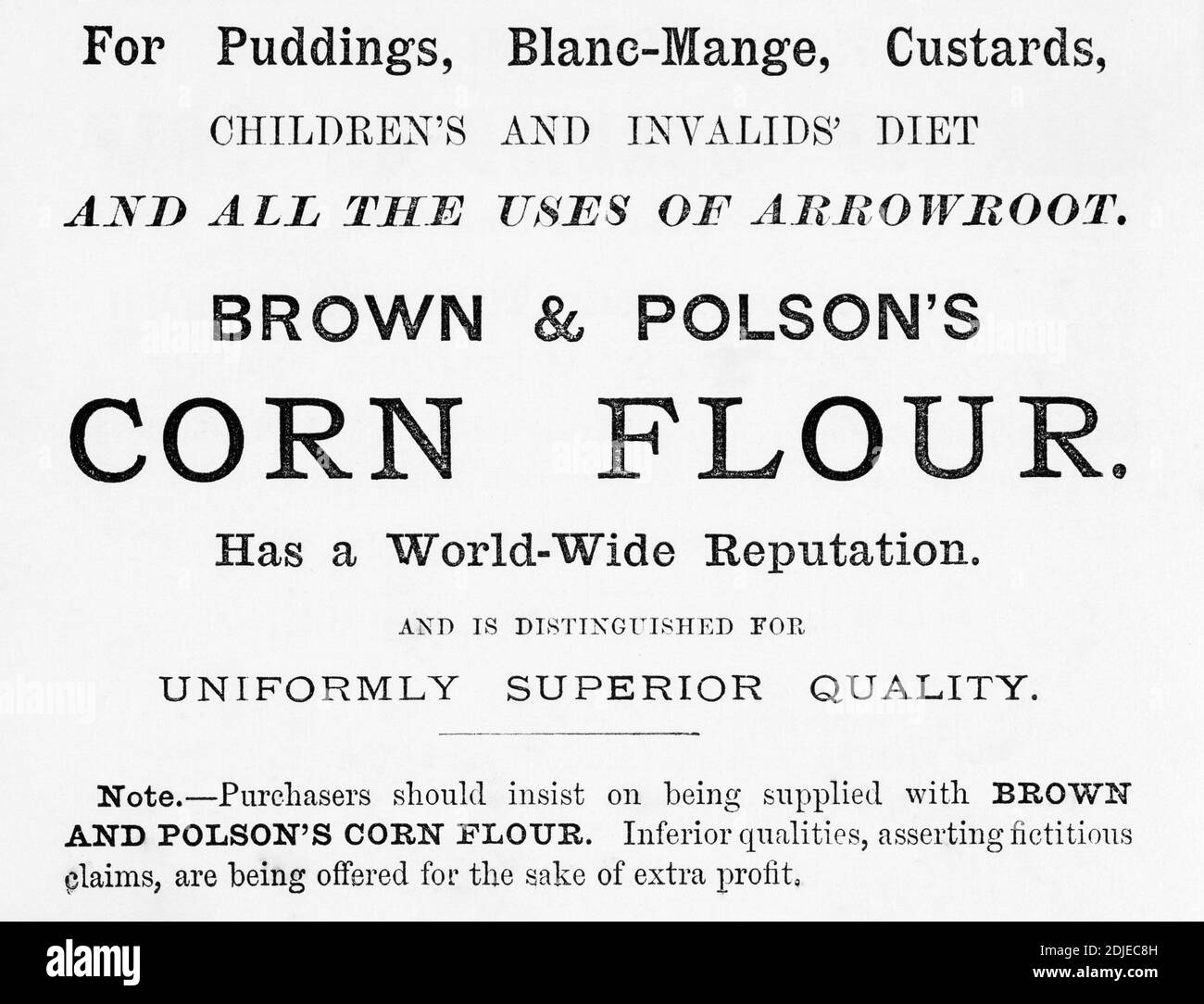 Old Victorian printed Brown & Polson food advert from 1886, in the days before advertising standards. Old food advertising, history of advertising. Stock Photo
