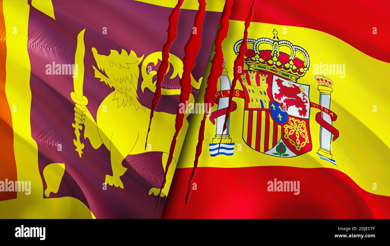 Sri Lanka and Spain flags with scar concept. Waving flag,3D rendering