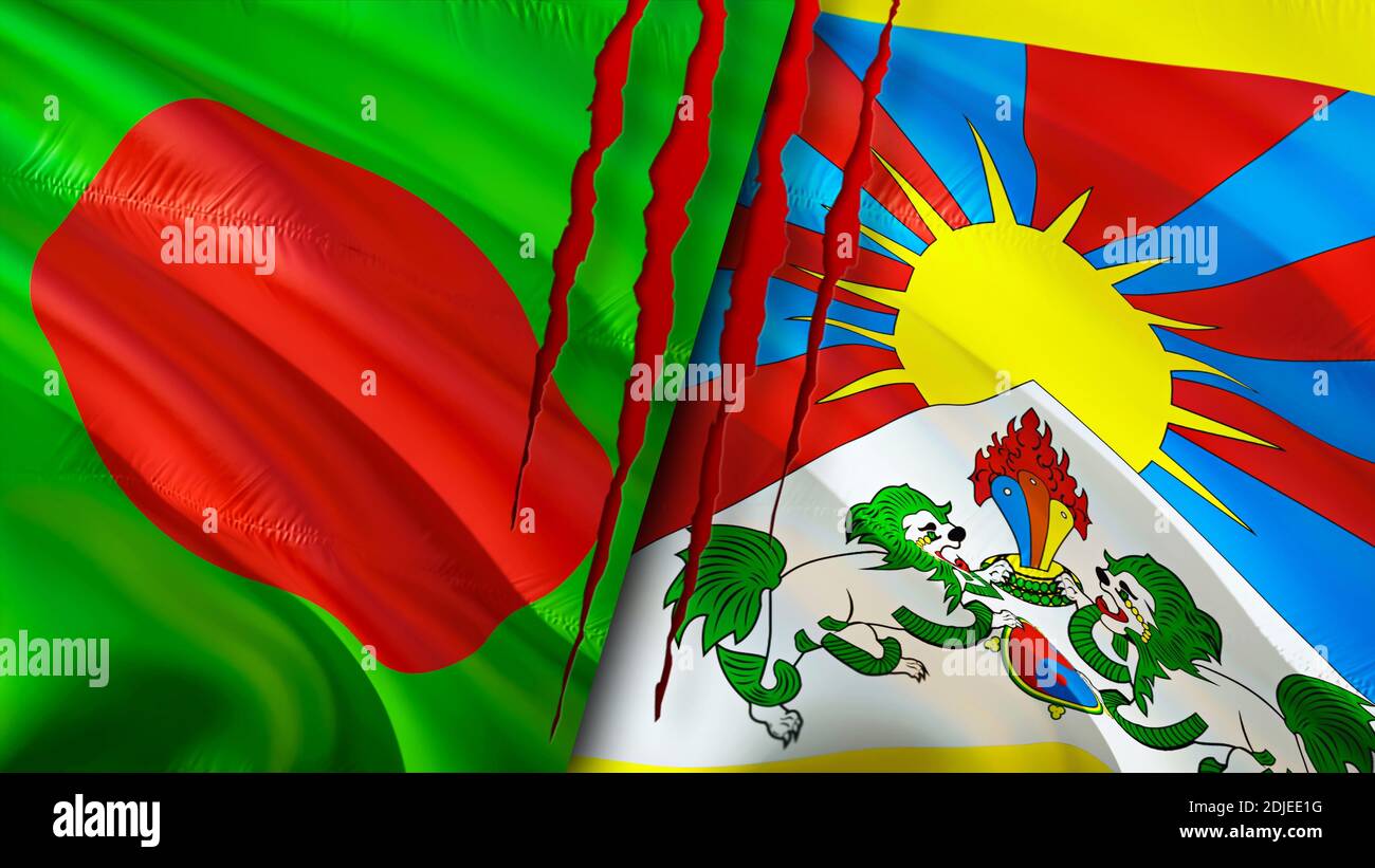 Bangladesh and Tibet flags with scar concept. Waving flag,3D rendering. Bangladesh and Tibet conflict concept. Bangladesh Tibet relations concept. fla Stock Photo