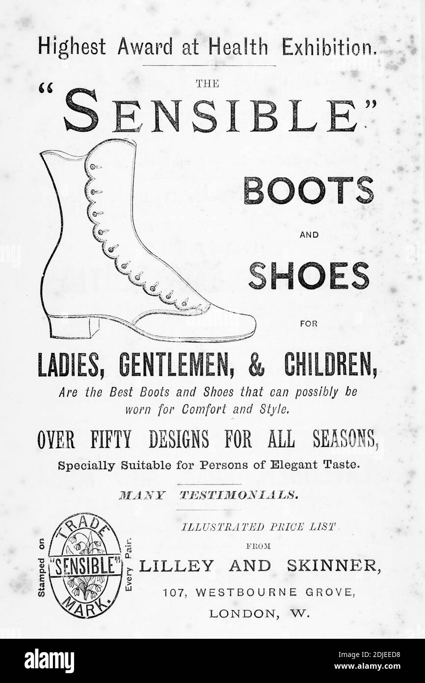Old print clothes / footwear advert from Victorian times - 1886 - before  the dawn of advertising standards. Victorian shoe advert, old clothes advert  Stock Photo - Alamy