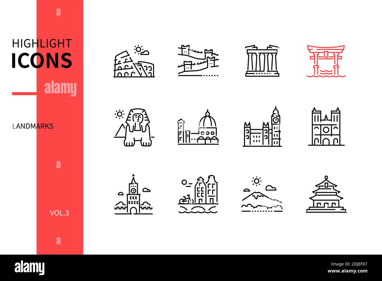 World famous landmarks - line design style icons. Sightseeing, traveling idea. Coliseum, Great Wall of China, torii, sphinx, cathedral of Santa Marie, Stock Vector