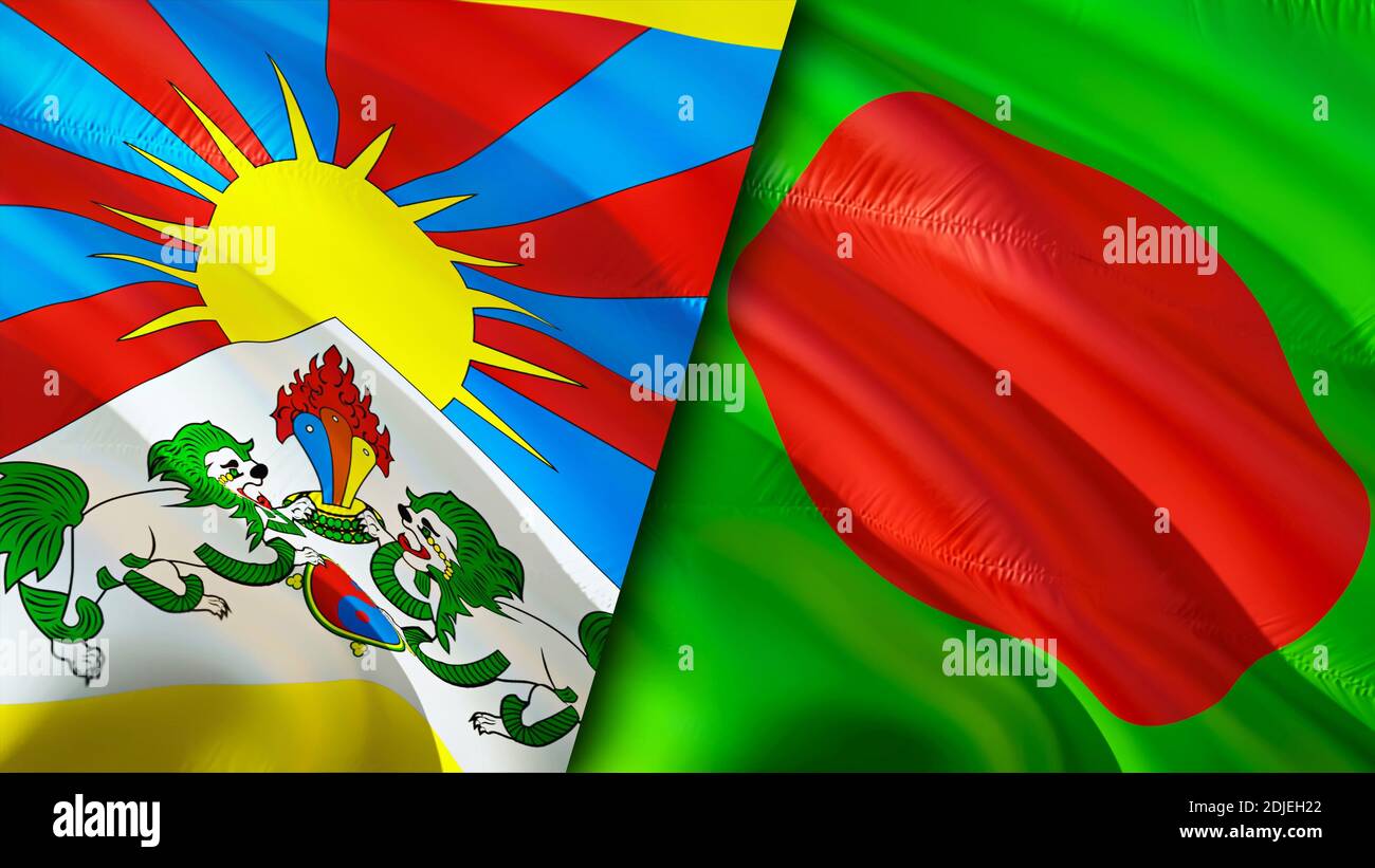 Tibet and Bangladesh flags with scar concept. Waving flag,3D rendering. Tibet and Bangladesh conflict concept. Tibet Bangladesh relations concept. fla Stock Photo