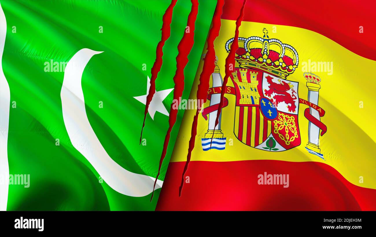 Pakistan and Spain flags with scar concept. Waving flag,3D rendering