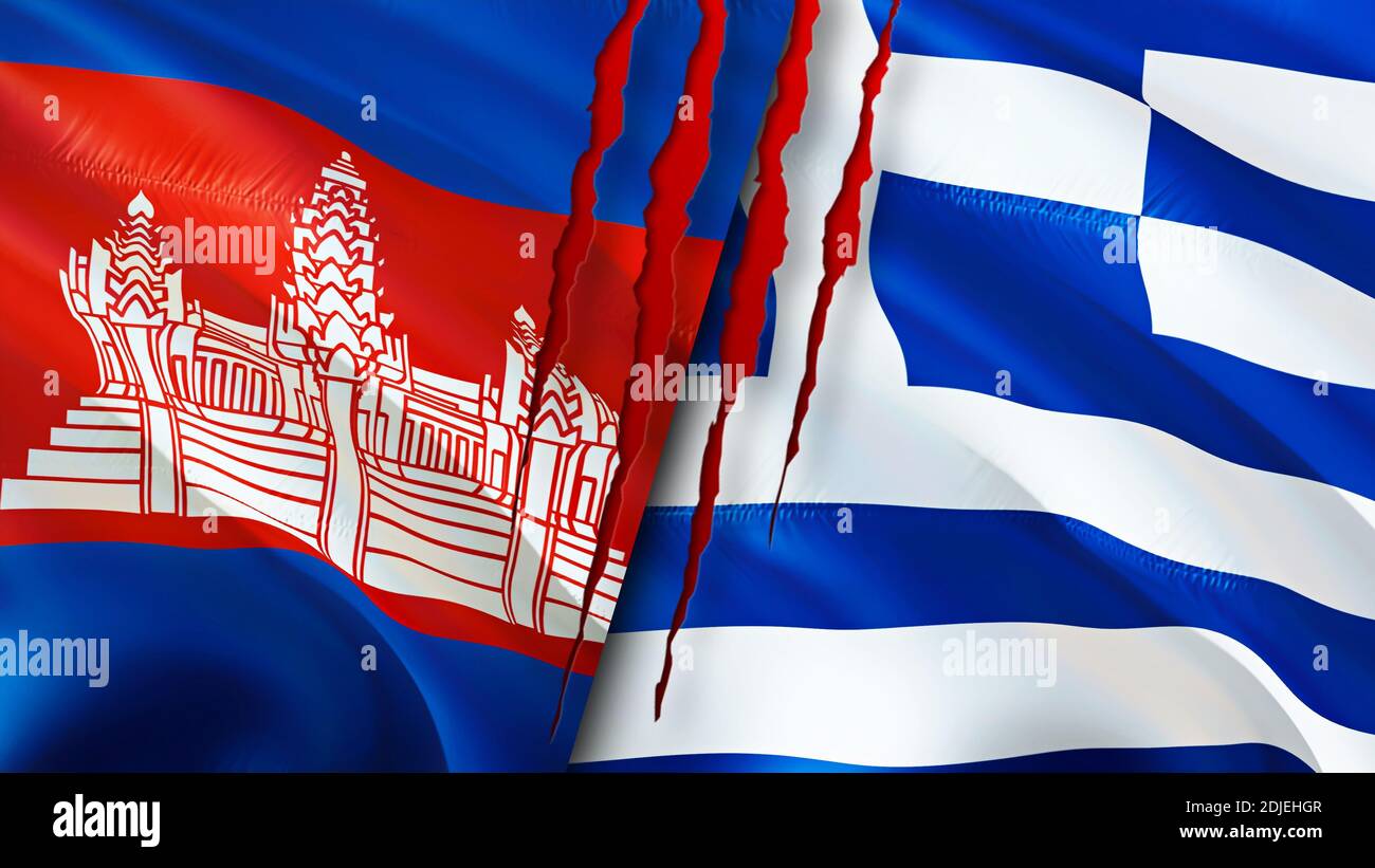 Cambodia and Greece flags with scar concept. Waving flag,3D rendering. Cambodia and Greece conflict concept. Cambodia Greece relations concept. flag o Stock Photo