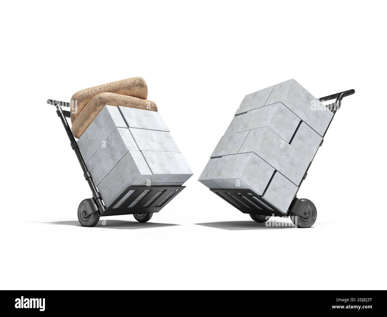 3D rendering concept transportation of building blocks and bags on trolley on white background