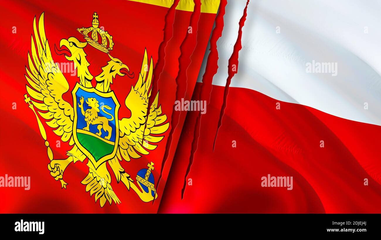 Montenegro And Poland Flags With Scar Concept Waving Flag 3D Rendering Montenegro And Poland Flags With Scar Concept Waving Flag 3D Rendering