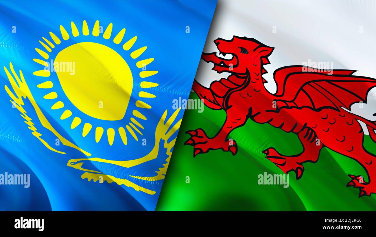 Kazakhstan and Wales flags. 3D Waving flag design. Kazakhstan Wales ...