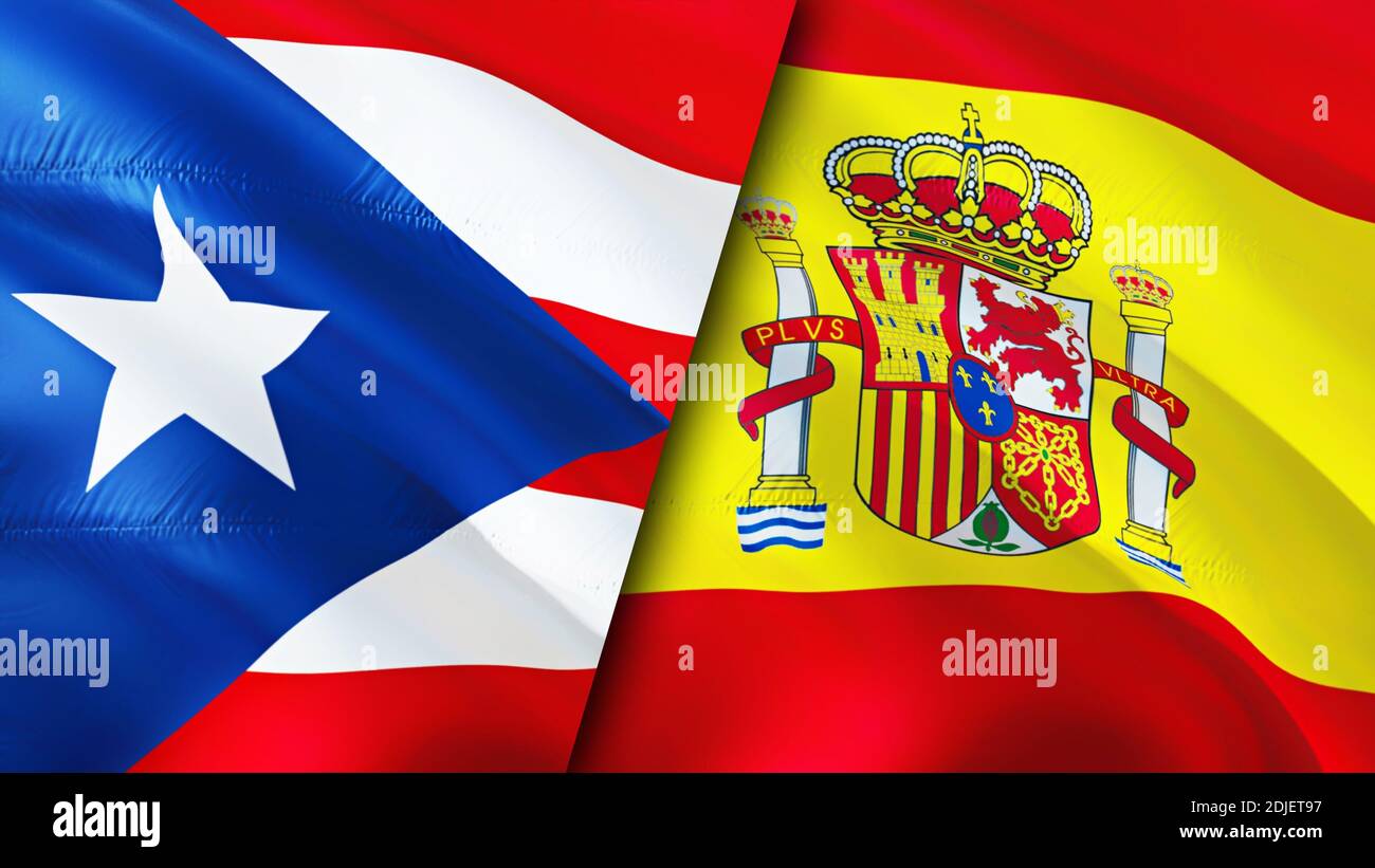 Puerto Rico and Spain flags. 3D Waving flag design. Puerto Rico Spain flag,  picture, wallpaper. Puerto Rico vs Spain image,3D rendering. Puerto Rico S  Stock Photo - Alamy