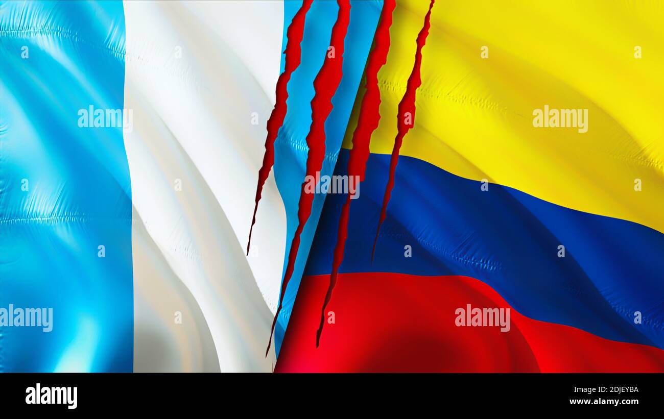 Guatemala and Colombia flags with scar concept. Waving flag 3D