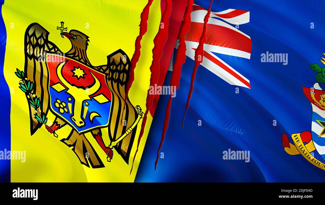 Moldova and Cayman Islands flags with scar concept. Waving flag,3D ...