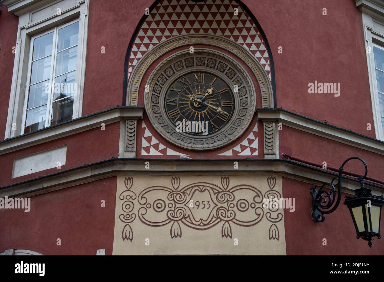 Historical clock, rebuilt in 1953,, Oldtown, Warsaw, Poland, (Photo by Casey B. Gibson) Stock Photo
