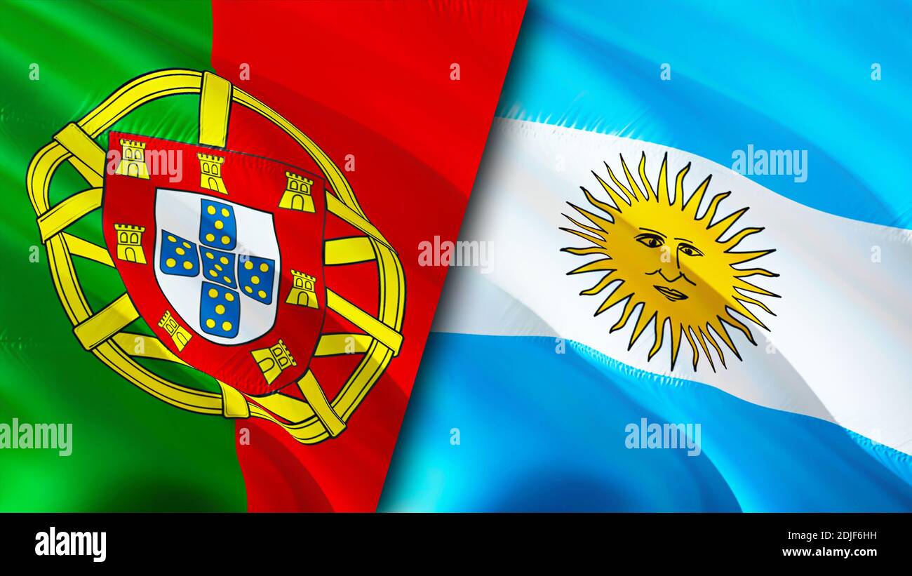 Portugal and Argentina flags. 3D Waving flag design. Portugal Argentina