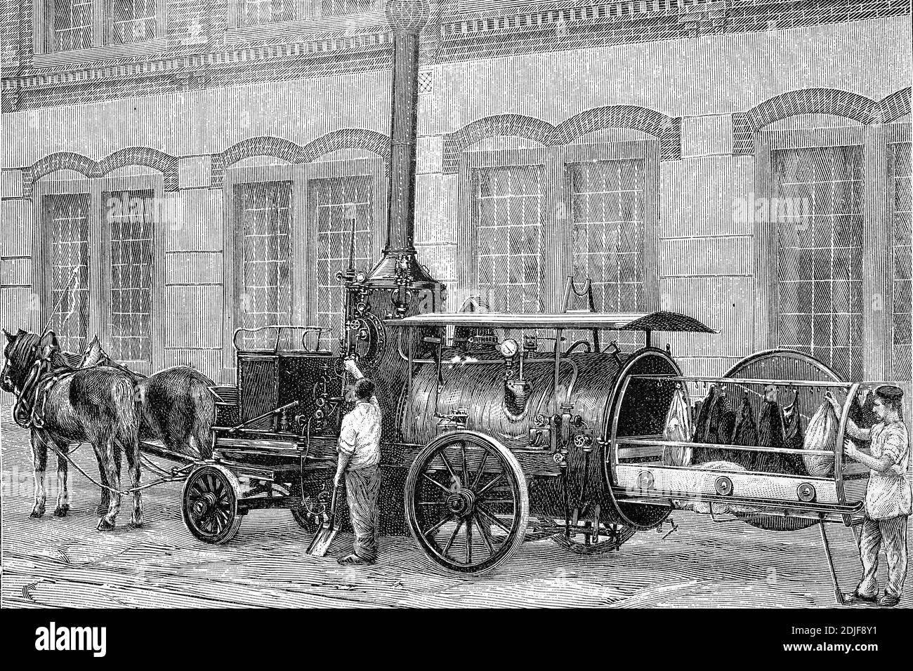 Mobile disinfection unit on a horse and cart, used after the cholera outbreak in Hamburg, Germany, ca 1892  /  Fahrbare Desinfektionsanlage auf einem Pferdegespann, eingesetzt nach dem Ausbruch der Cholera in Hamburg, Deutschland, ca 1892, Historisch, historical, digital improved reproduction of an original from the 19th century / digitale Reproduktion einer Originalvorlage aus dem 19. Jahrhundert, Stock Photo