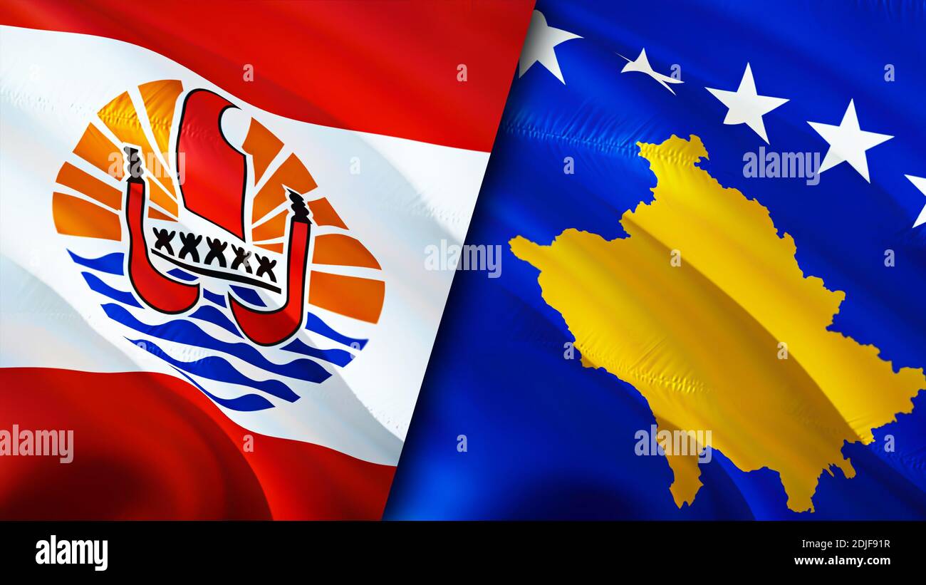 French Polynesia and Kosovo flags. 3D Waving flag design. French Polynesia Kosovo flag, picture, wallpaper. French Polynesia vs Kosovo image,3D render Stock Photo