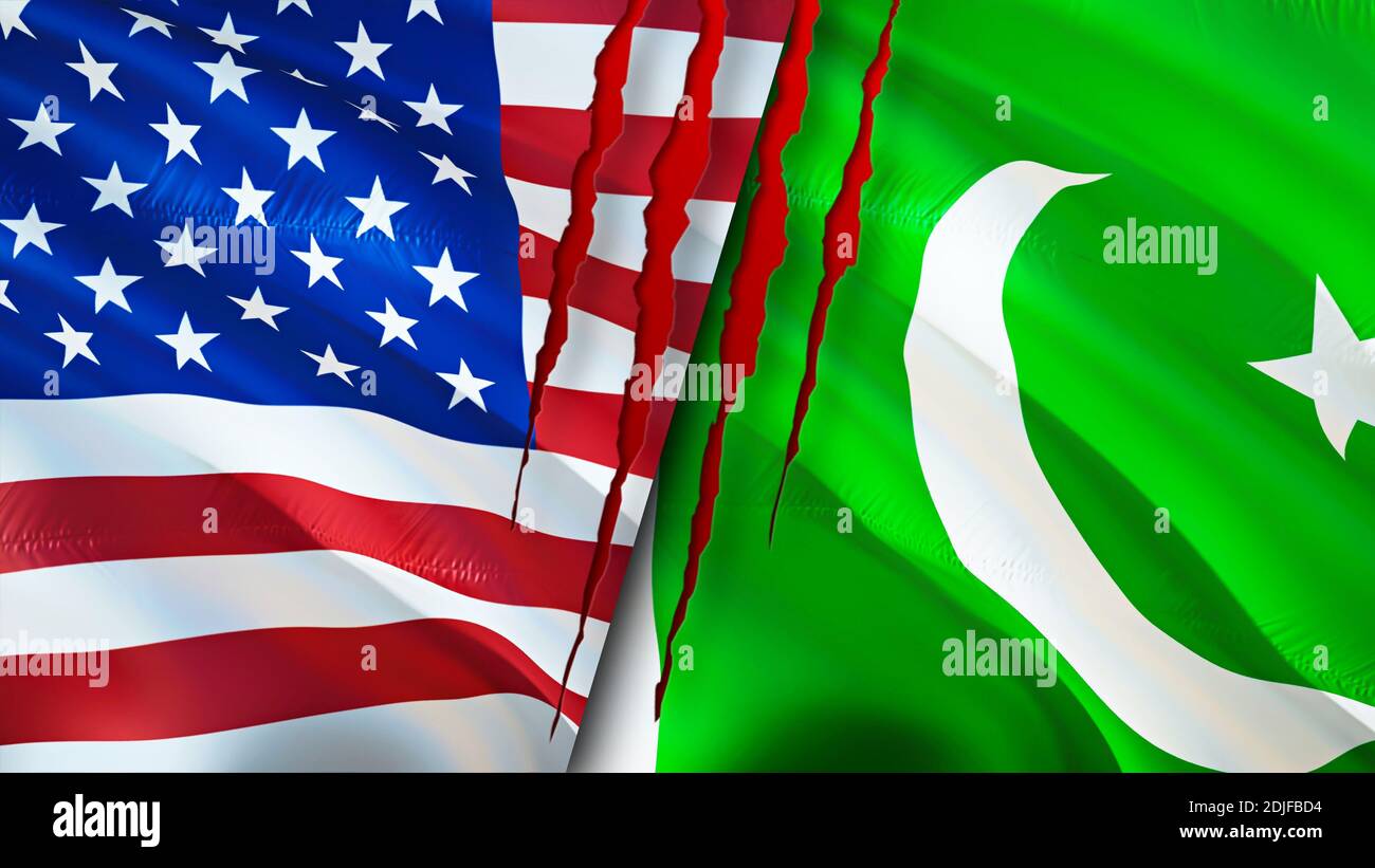 USA and Pakistan flags with scar concept. Waving flag,3D rendering. USA and Pakistan conflict concept. USA Pakistan relations concept. flag of USA and Stock Photo