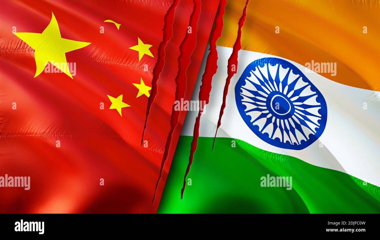 China and India flags with scar concept. Waving flag,3D rendering. China and India conflict concept. China India relations concept. flag of China and Stock Photo