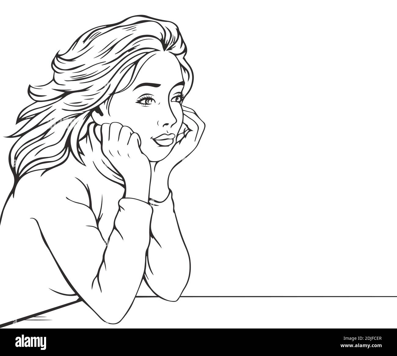 Beautiful girl is dreaming at the table. Free space for text. Vector ...