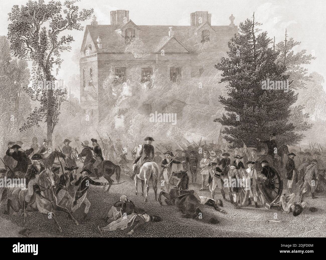 The Battle of Germantown which took place on October 4, 1777  between British and American forces during the American Revolutionary War.  In the picture, action around the house of Chief Justice Chew.  From an engraving by Hinshelwood after a work by Alonzo Chappel. Stock Photo