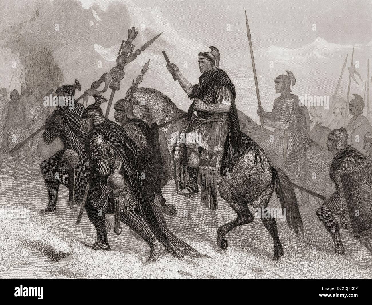 Hannibal crossing the Alps on his overland journey into Italy, 3rd century BC.  Hannibal Barca, 247 – c.183 BC.  Carthaginian general.  Illustration by an unknown 19th century artist after a work by Alonzo Chappel. Stock Photo