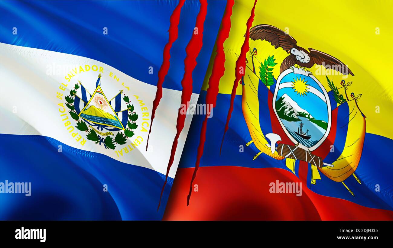 El Salvador and Ecuador flags with scar concept. Waving flag 3D