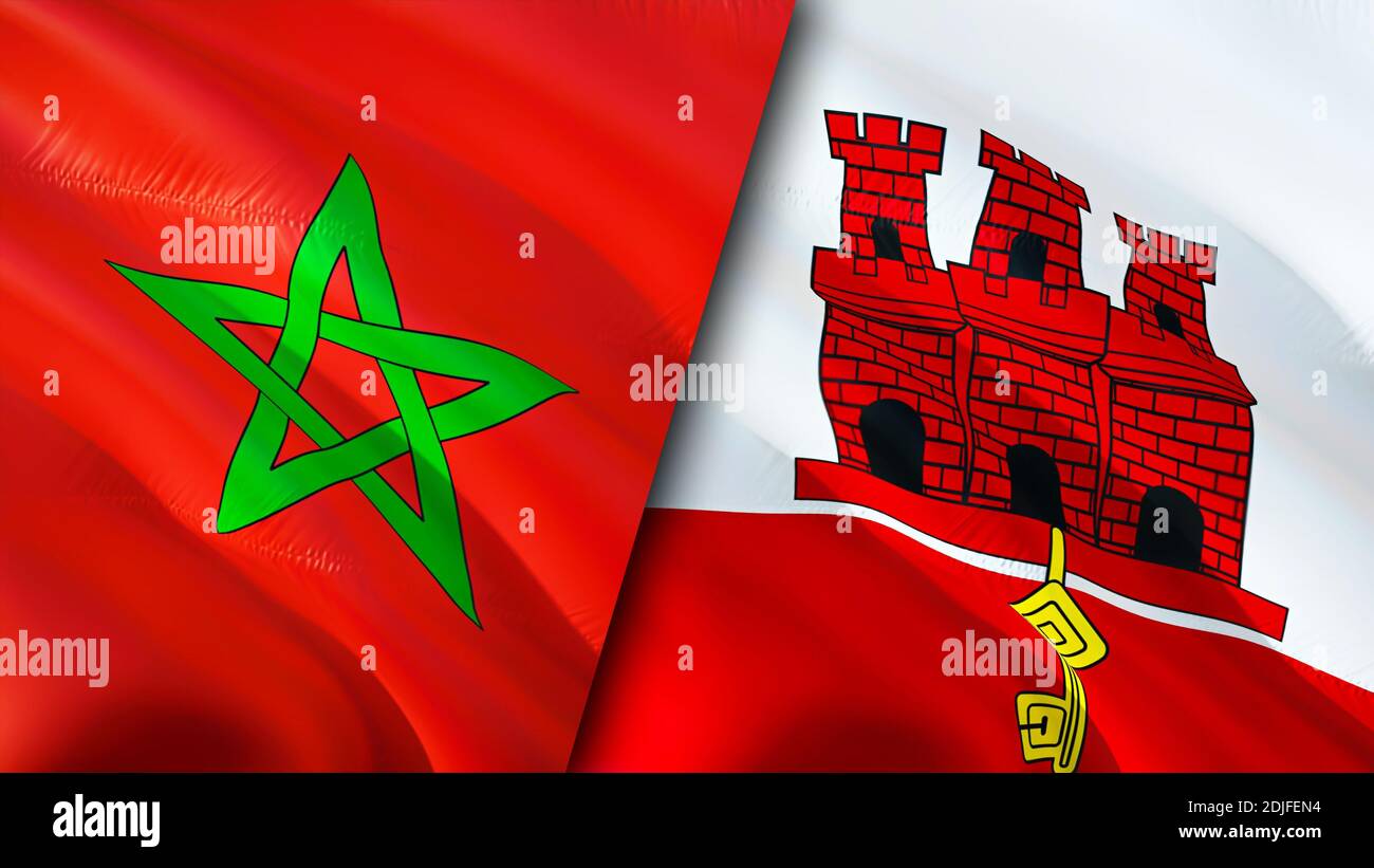 Morocco and Gibraltar flags. 3D Waving flag design. Morocco Gibraltar ...