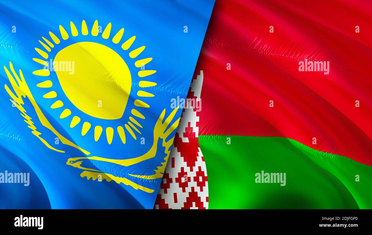 Kazakhstan and Belarus flags. 3D Waving flag design. Kazakhstan Belarus