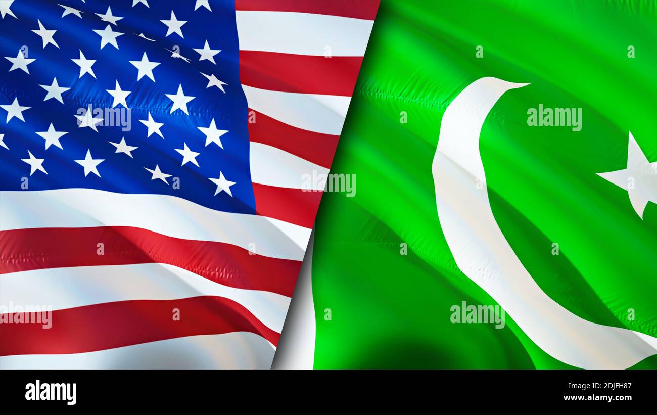 USA and Pakistan flags. 3D Waving flag design. USA Pakistan flag, picture, wallpaper. USA vs Pakistan image,3D rendering. USA Pakistan relations allia Stock Photo
