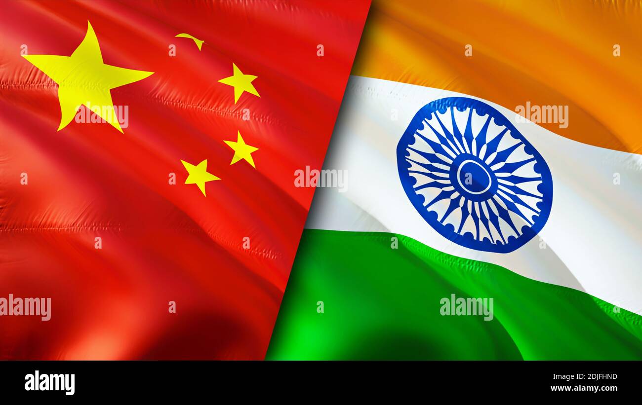 China and India flags. 3D Waving flag design. China India flag, picture, wallpaper. China vs India image,3D rendering. China India relations alliance Stock Photo