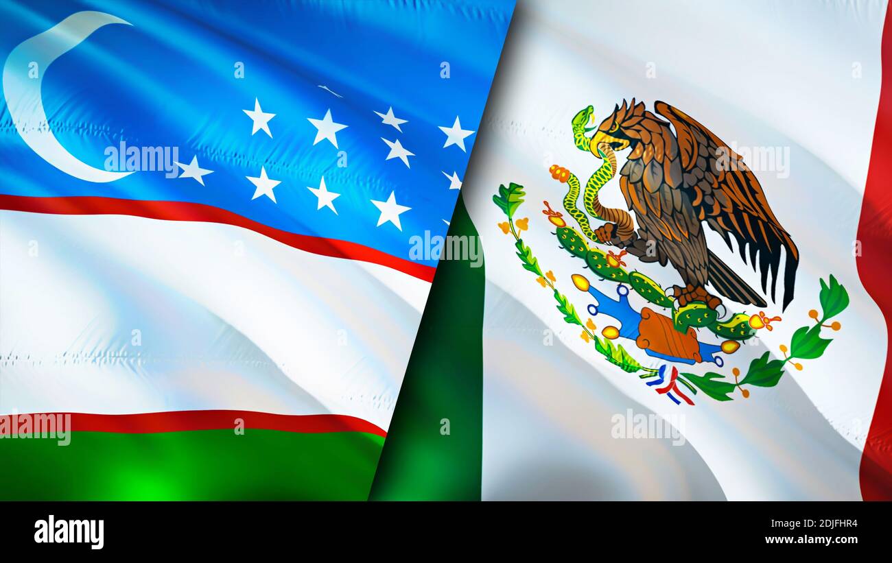 Uzbekistan and Mexico flags. 3D Waving flag design. Uzbekistan Mexico